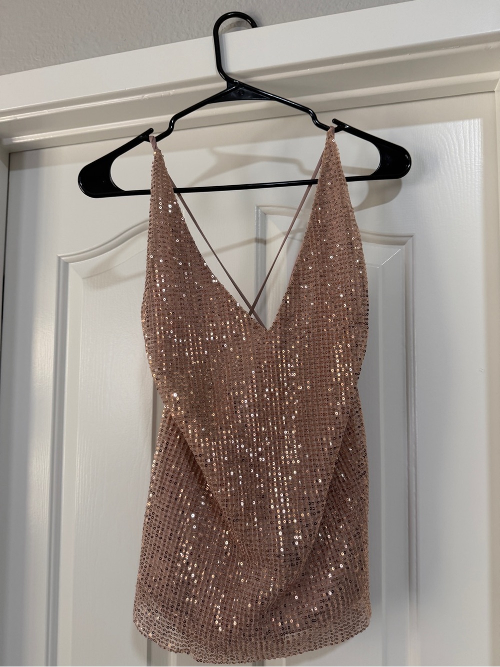 Express Rose Gold Sequin V-Neck Cami with Cross-Strap Back